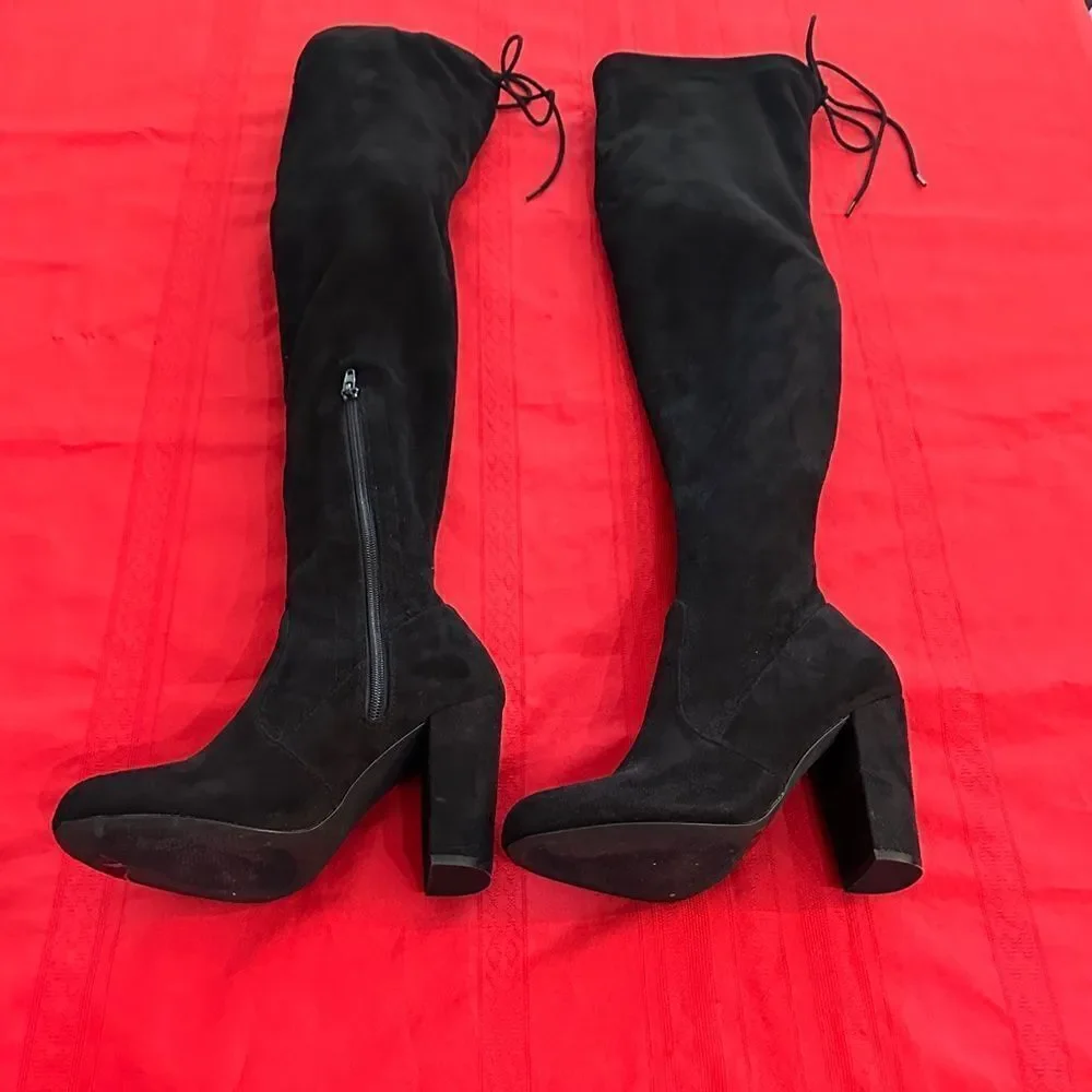 Olivia Ferguson Chic Black Suede Over the Knee Tie/Zip Boots Size 7.5